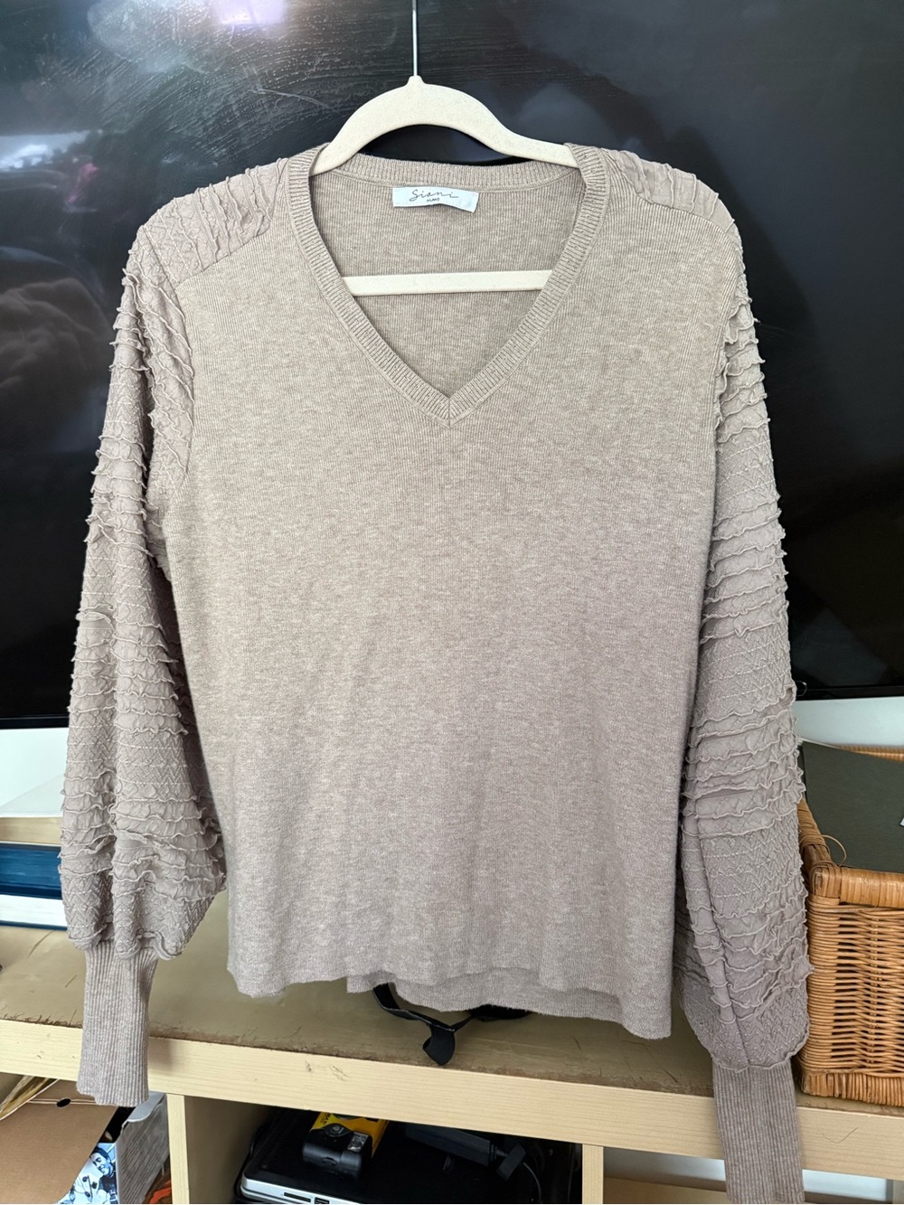 Soft V-Neck Textured Sleeve Sweater - Taupe